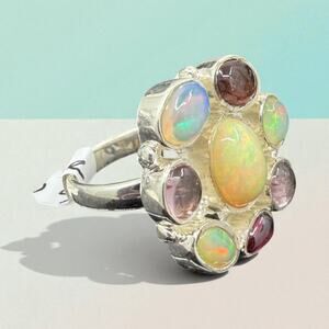 Natural Garnet Tourmaline Ethiopian Opal Cluster Ring 925 Sterling Silver Size 5